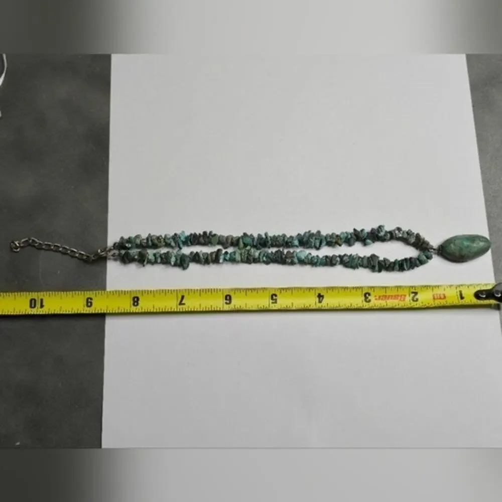 Treska Turquoise Chip Bead Necklace Oval Pendant Southwestern Boho Teal Blue